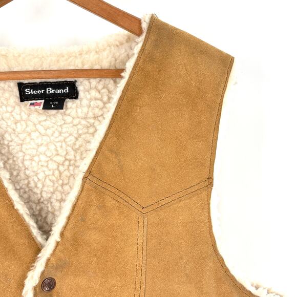 Steer Brand Mens Suede Leather Vest L Sherpa Lining Tan Western Camp Farm Work - Picture 5 of 5
